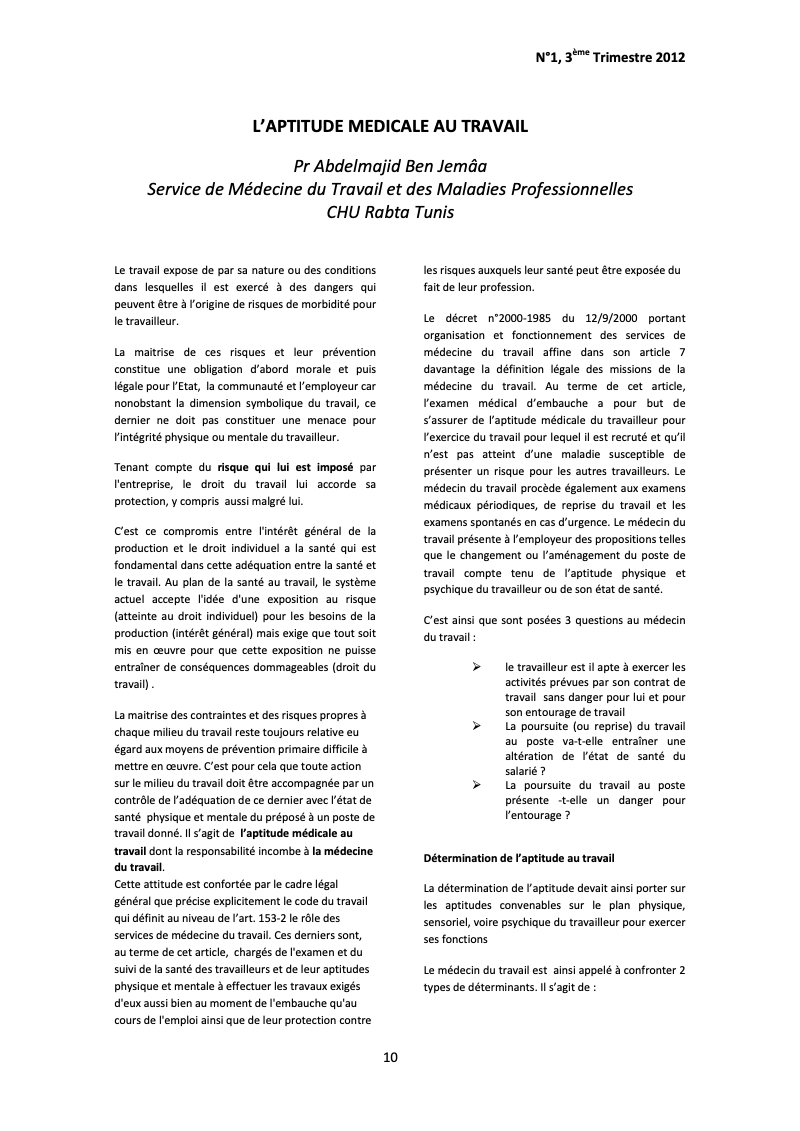 Couverture L’APTITUDE MEDICALE AU TRAVAIL