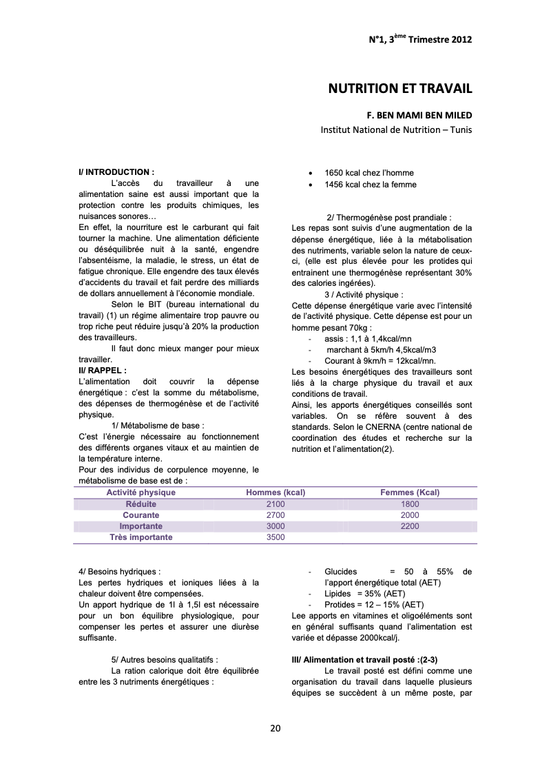 Couverture NUTRITION ET TRAVAIL