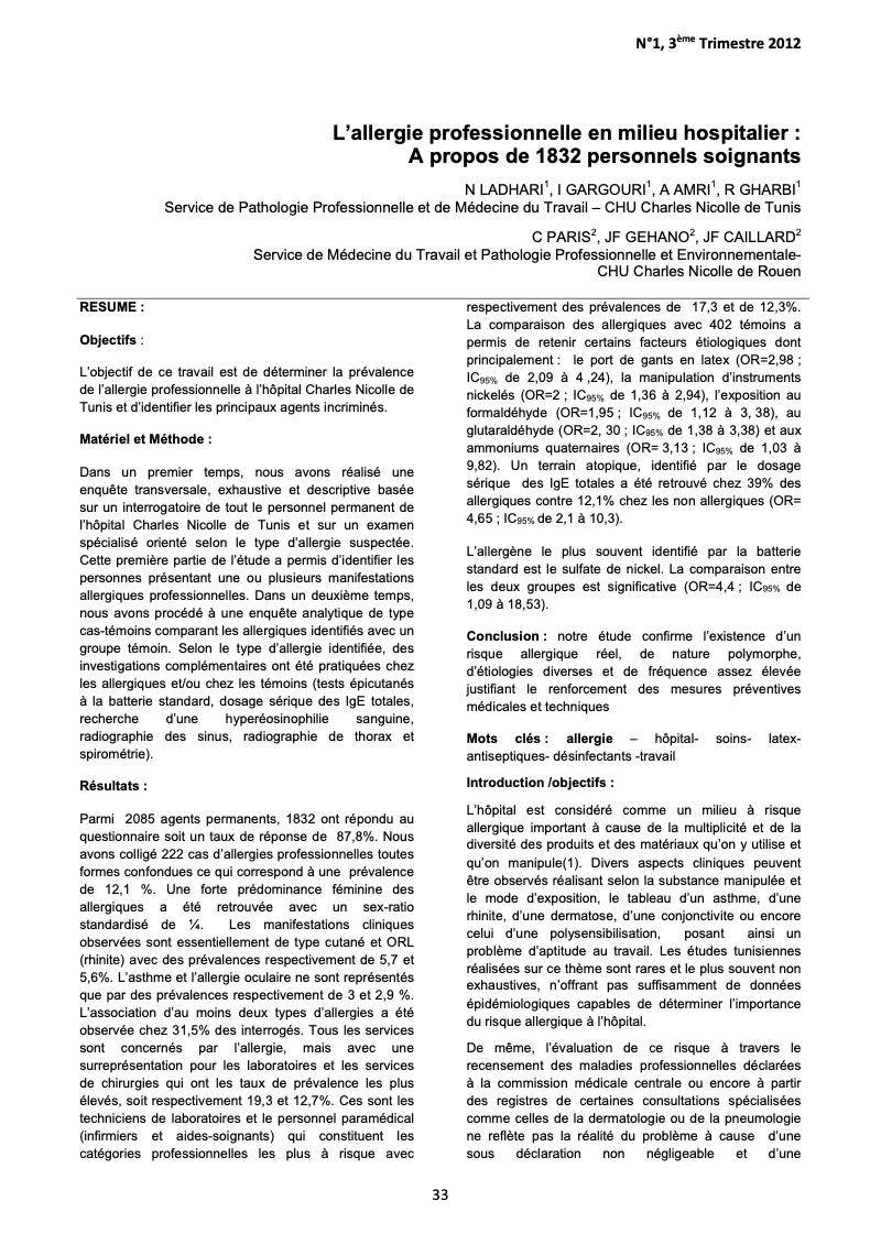Couverture L’allergie professionnelle en milieu hospitalier : A propos de 1832 personnels soignants