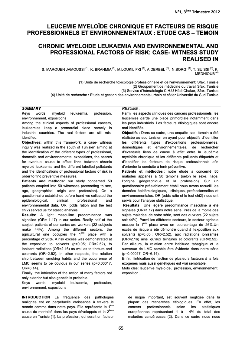 Couverture LEUCEMIE MYELOÏDE CHRONIQUE ET FACTEURS DE RISQUE PROFESSIONNELS ET ENVIRONNEMENTAUX : ETUDE CAS – TEMOIN