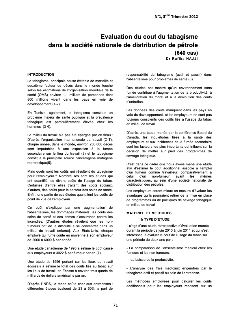 Couverture Evaluation du cout du tabagisme dans la société nationale de distribution de pétrole (640 cas)