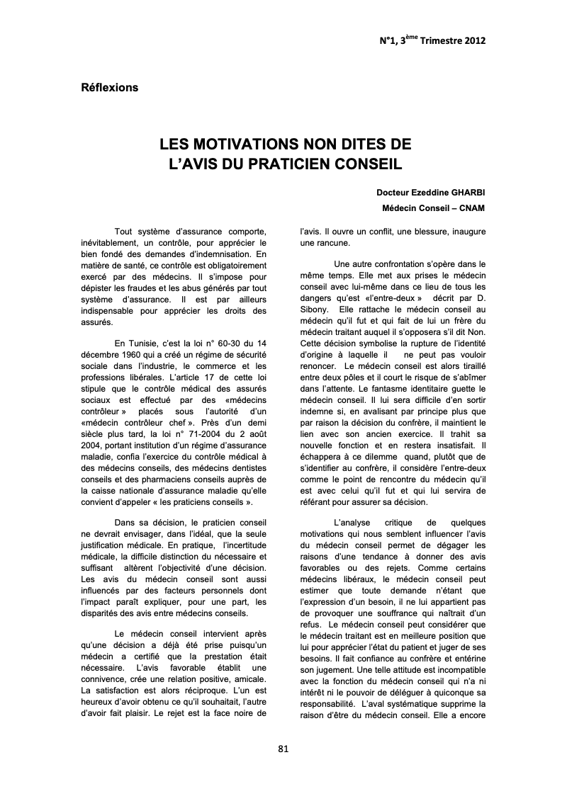 Couverture LES MOTIVATIONS NON DITES DE L’AVIS DU PRATICIEN CONSEIL