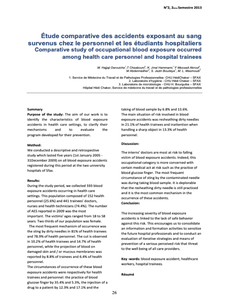 Couverture Étude comparative des accidents exposant au sang survenus chez le personnel et les étudiants hospitaliers