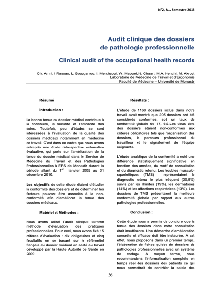 Couverture Audit clinique des dossiers de pathologie professionnelle