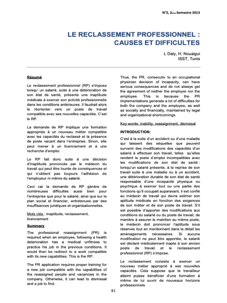 Couverture Le reclassement professionnel : causes et difficultés