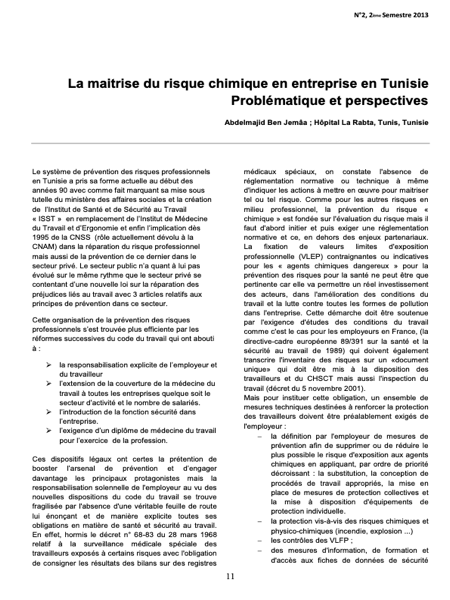 Couverture La maîtrise du risque chimique en entreprise en Tunisie : Problématique et perspectives