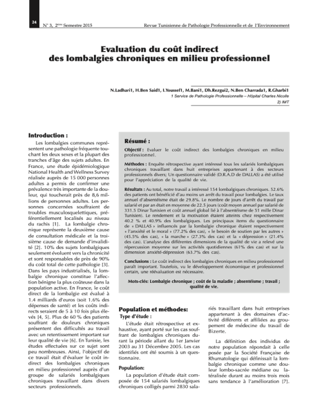 Couverture Évaluation du coût indirect des lombalgies chroniques en milieu professionnel