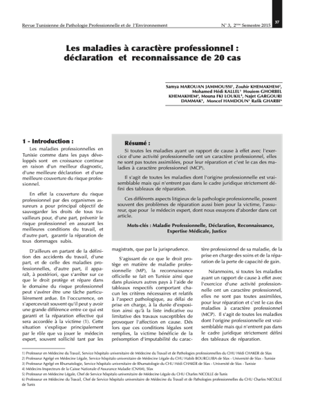 Couverture Les maladies à caractère professionnel : déclaration et reconnaissance de 20 cas