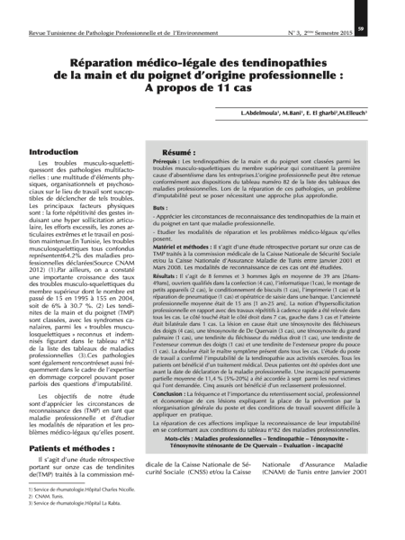 Couverture Réparation médico-légale des tendinopathies de la main et du poignet d’origine professionnelle : À propos de 11 cas