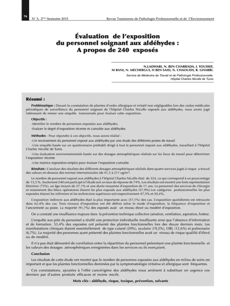 Couverture Évaluation de l’exposition du personnel soignant aux aldéhydes : À propos de 240 exposés