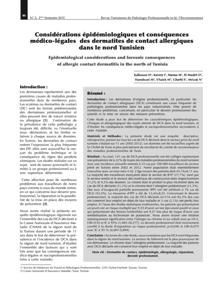 Couverture Considérations épidémiologiques et conséquences médico-légales des dermatites de contact allergiques dans le nord Tunisien