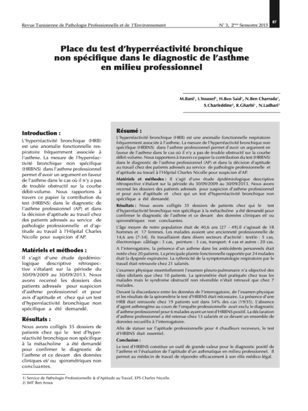 Couverture Place du test d�hyperréactivité bronchique non spécifique dans le diagnostic de l�asthme en milieu professionnel
