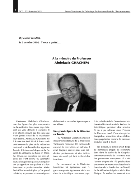 Couverture A la mémoire du Professeur Abdelaziz GHACHEM (1935 - 2006)