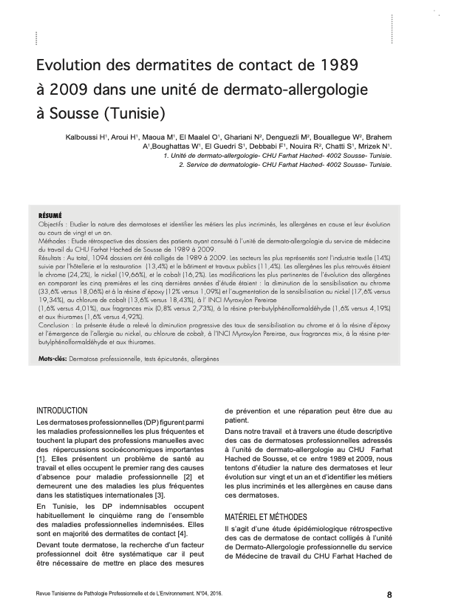 Couverture Évolution des dermatites de contact de 1989 à 2009 dans une unité de dermato-allergologie à Sousse (Tunisie)
