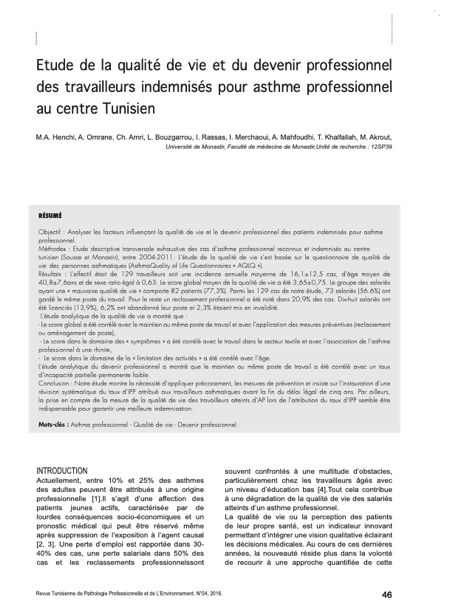 Couverture Étude de la qualité de vie et du devenir professionnel des travailleurs indemnisés pour asthme professionnel au centre Tunisien