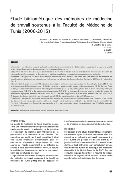 Couverture Étude bibliométrique des mémoires de médecine de travail soutenus à la Faculté de Médecine de Tunis (2006-2015)