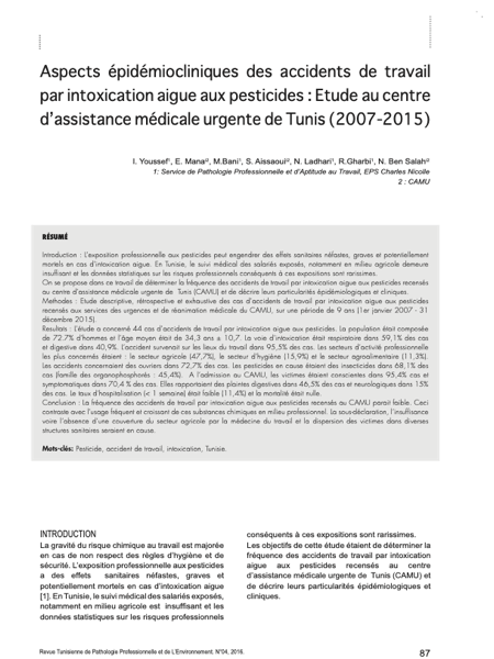 Couverture Aspects épidémiocliniques des accidents de travail par intoxication aigue aux pesticides : Étude au centre d’assistance médicale urgente de Tunis (2007-2015)