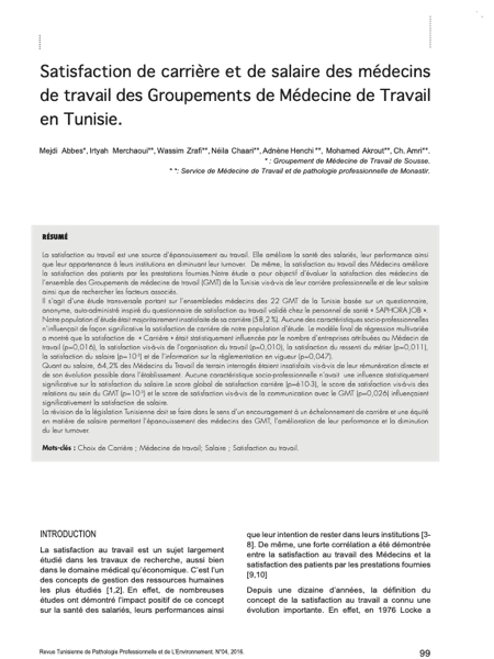 Couverture Satisfaction de carrière et de salaire des médecins de travail des Groupements de Médecine de Travail en Tunisie