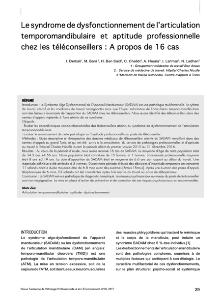 Couverture Le syndrome de dysfonctionnement de l’articulation temporomandibulaire et aptitude professionnelle chez les téléconseillers : À propos de 16 cas