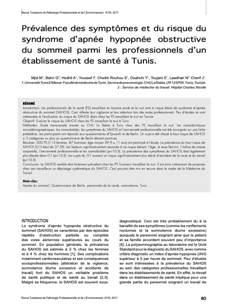 Couverture Prévalence des symptômes et du risque du syndrome d’apnée hypopnée obstructive du sommeil parmi les professionnels d’un établissement de santé à Tunis