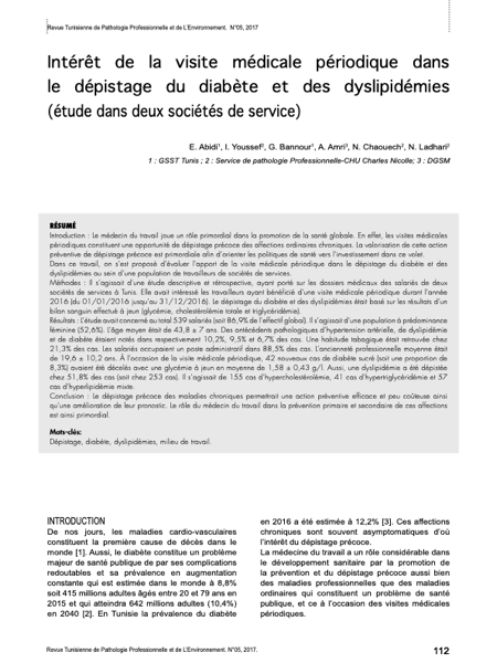 Couverture Intérêt de la visite médicale périodique dans le dépistage du diabète et des dyslipidémies (étude dans deux sociétés de service)