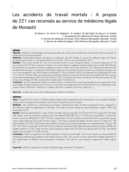 Couverture Les accidents de travail mortels : À propos de 221 cas recensés au service de médecine légale de Monastir