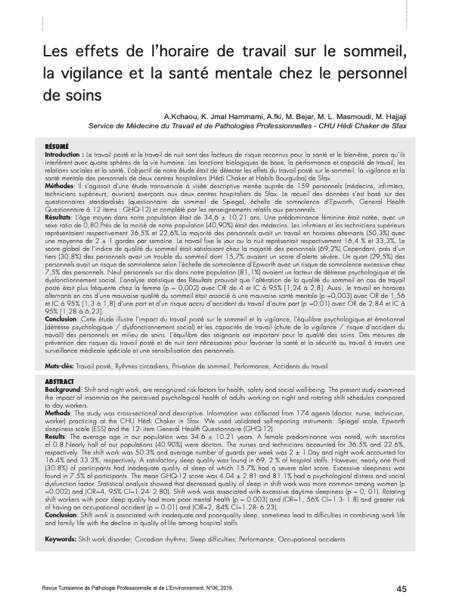 Couverture Les effets de l’horaire de travail sur le sommeil, la vigilance et la santé mentale chez le personnel de soins