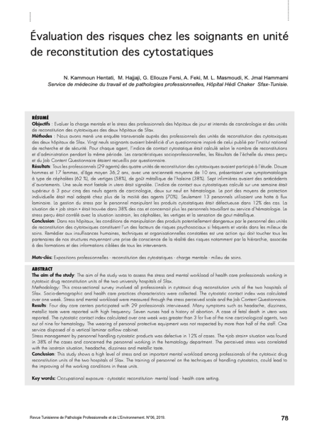 Couverture Évaluation des risques chez les soignants en unité de reconstitution des cytostatiques