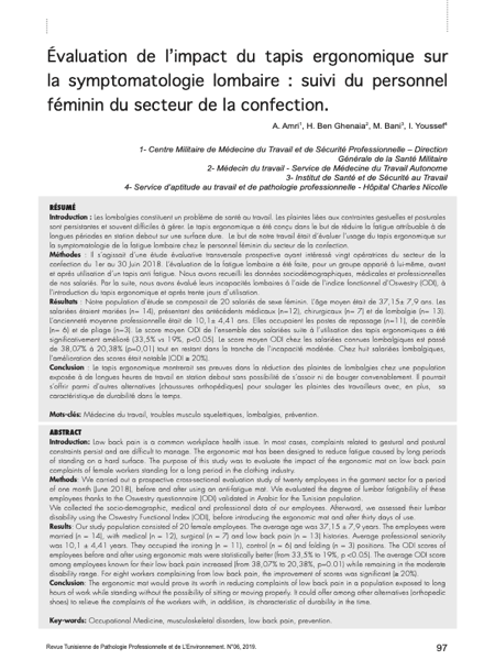 Couverture Évaluation de l’impact du tapis ergonomique sur la symptomatologie lombaire : suivi du personnel féminin du secteur de la confection