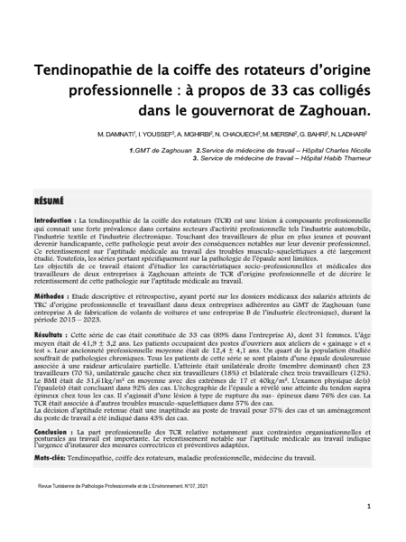 Couverture Tendinopathie de la coiffe des rotateurs d’origine professionnelle : à propos de 33 cas colligés dans le gouvernorat de Zaghouan.