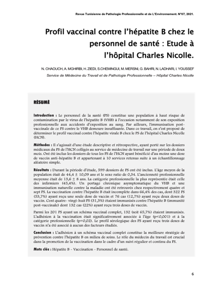 Couverture Profil vaccinal contre l’hépatite B chez le personnel de santé : Etude à l’hôpital Charles Nicolle.