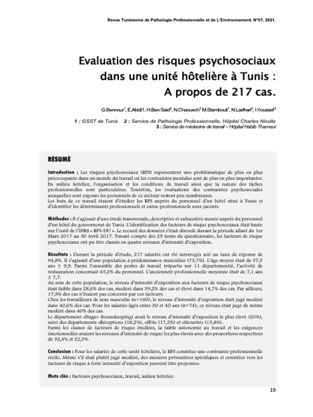 Couverture Evaluation des risques psychosociaux dans une unité hôtelière à Tunis : A propos de 217 cas