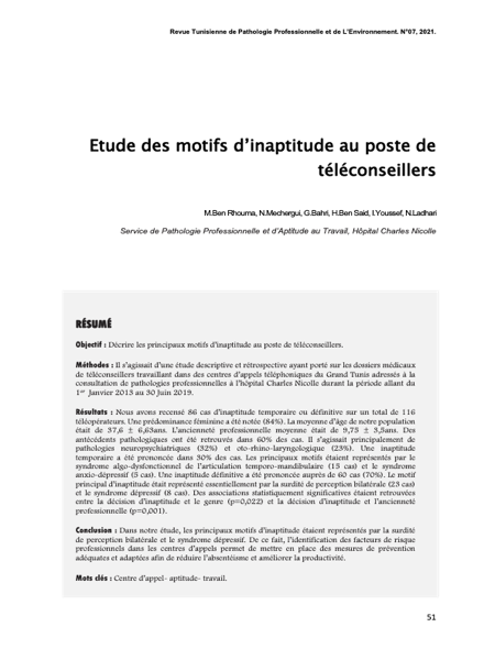 Couverture Etude des motifs d’inaptitude au poste de téléconseillers