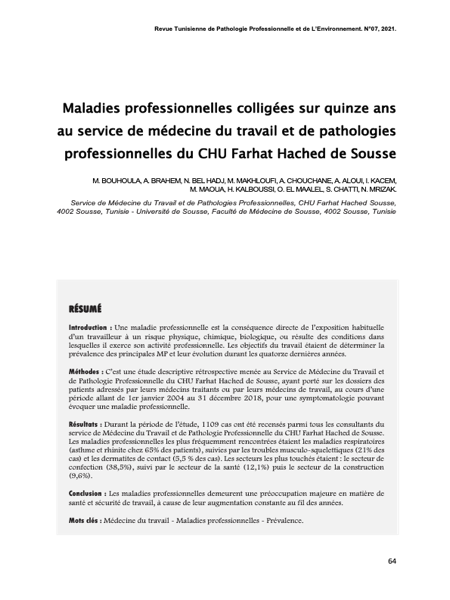 Couverture Maladies professionnelles colligées sur quinze ans au service de médecine du travail et de pathologies professionnelles du CHU Farhat Hached de Sousse
