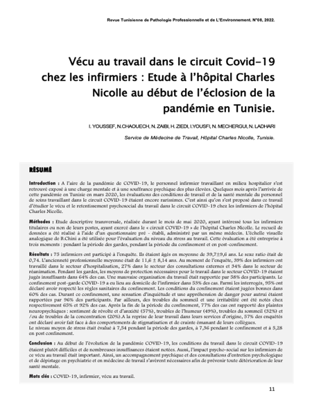 Couverture Vécu au travail dans le circuit Covid-19 chez les infirmiers : Étude à l’hôpital Charles Nicolle au début de l’éclosion de la pandémie en Tunisie