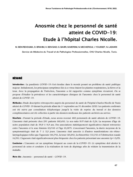 Couverture Anosmie chez le personnel de santé atteint de COVID-19 : Étude à l’hôpital Charles Nicolle