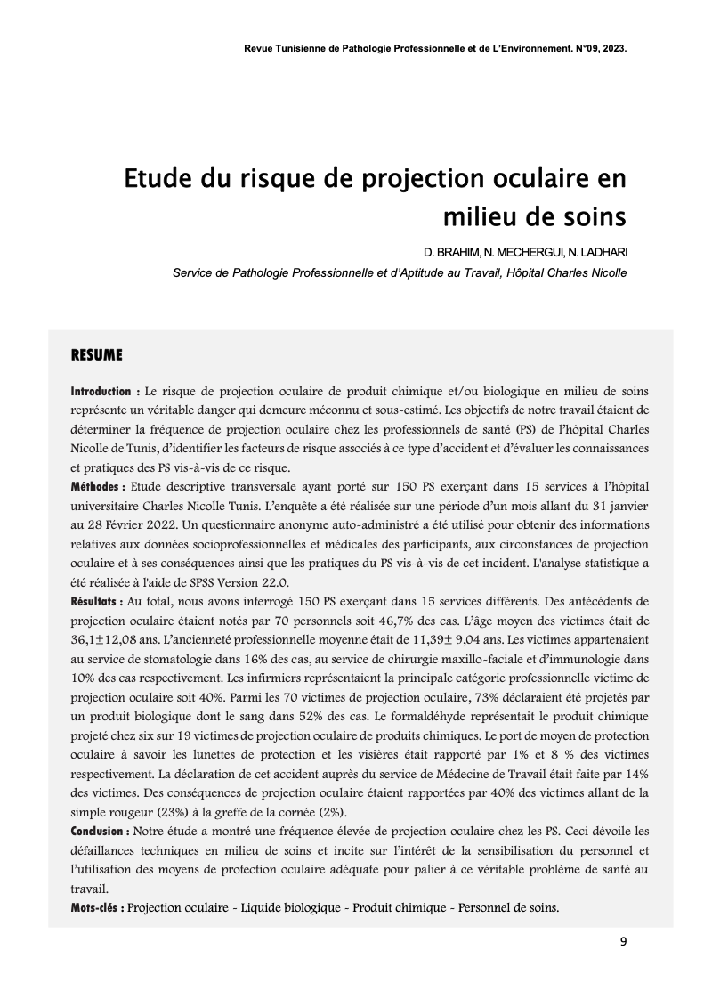 Couverture Etude du risque de projection oculaire en milieu de soins