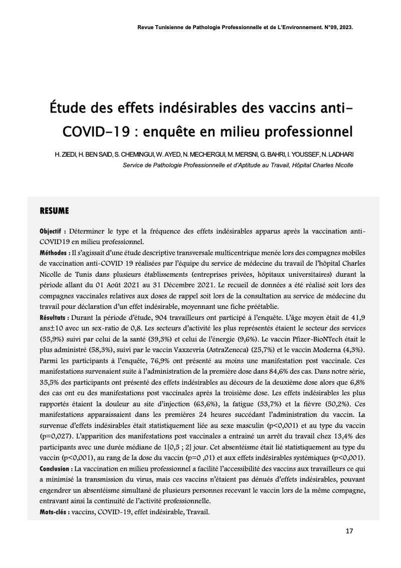 Couverture Étude des effets indésirables des vaccins anti-COVID-19 : enquête en milieu professionnel