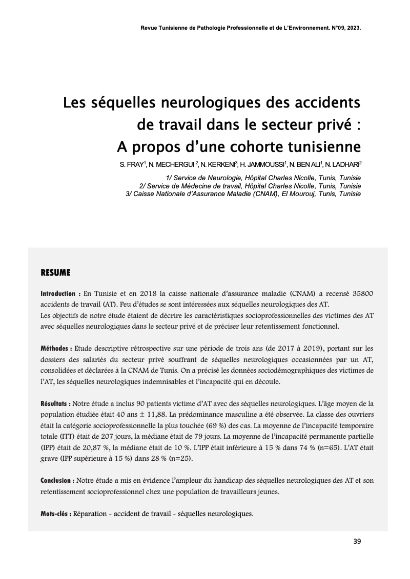 Couverture Les séquelles neurologiques des accidents de travail dans le secteur privé : A propos d’une cohorte tunisienne