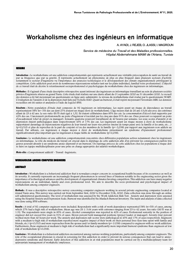 Couverture Workaholisme chez des ingénieurs en informatique