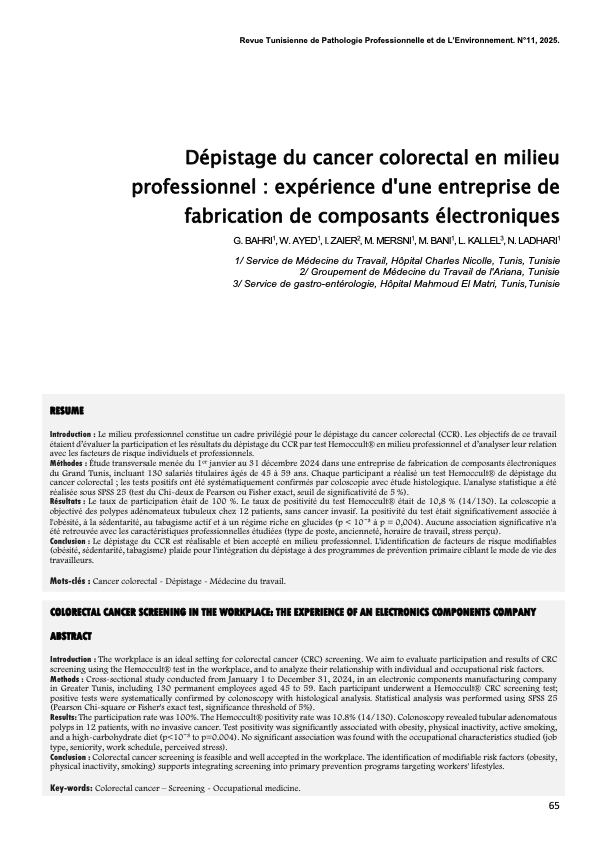 Couverture Dépistage du cancer colorectal en milieu professionnel : expérience d'une entreprise de fabrication de composants électroniques